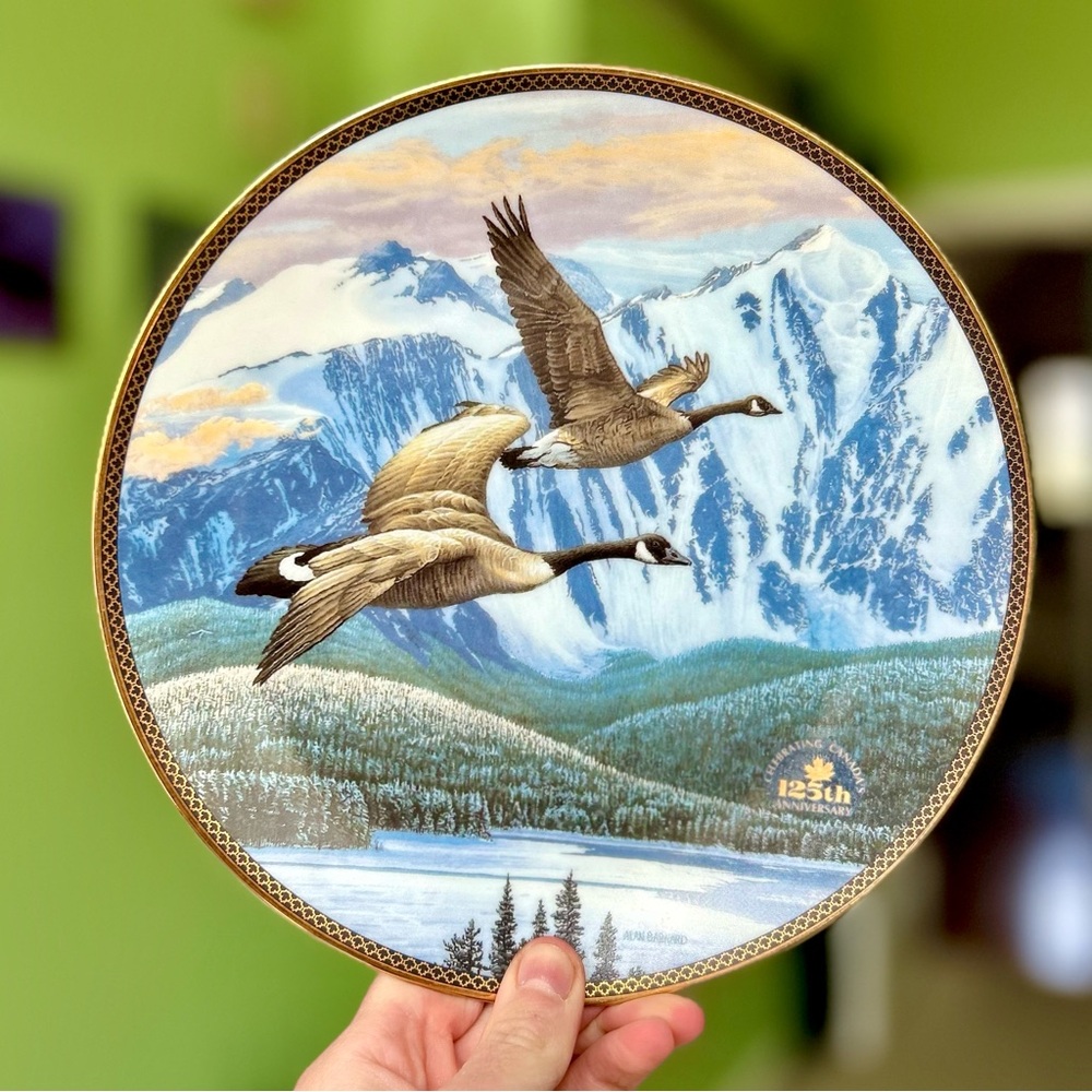 Vintage Wildlife Geese In Flight Mountains Scenery Vibrant Wall Hanging Plate - Picture 2 of 6